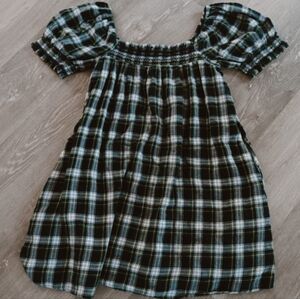 American Eagle Classic Dark Green & Navy Blue Tartan Plaid Puff Sleeve Nap Dress